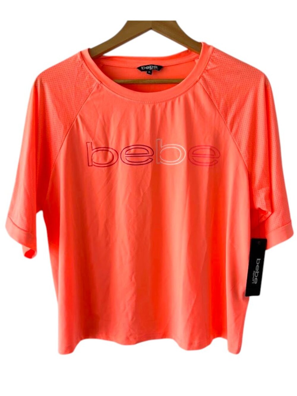 Bebe Sport Womens XL Neon Coral Activewear Top Short Sleeve Gym Running NWT